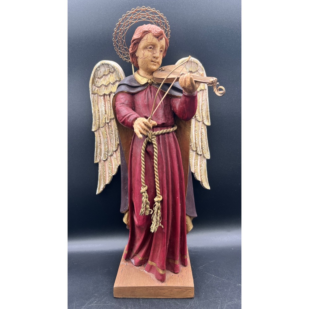 VTG Hand Painted Holly Fiberglass Angel Violin Christmas Holiday Religious 15"